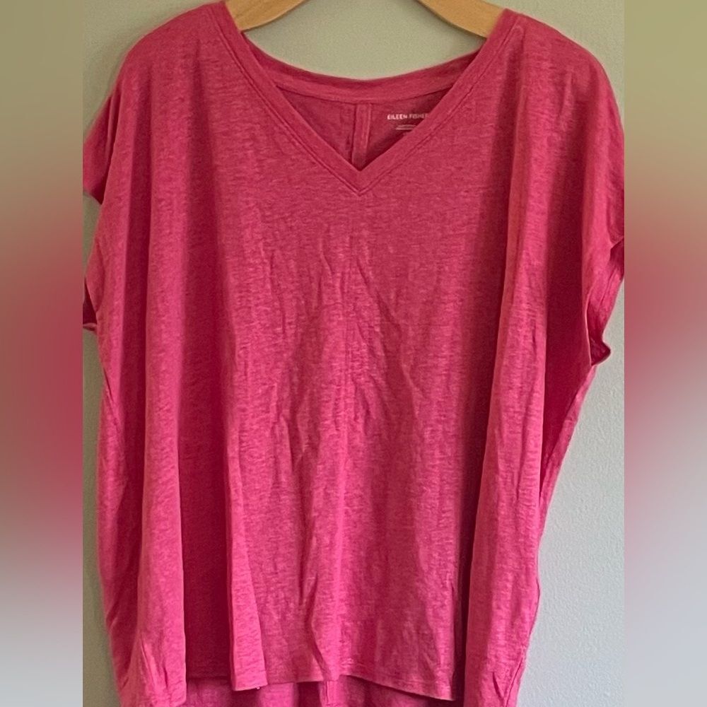 Eileen Fisher Organic Linen Raspberry Color Short Sleeved Top Size Large